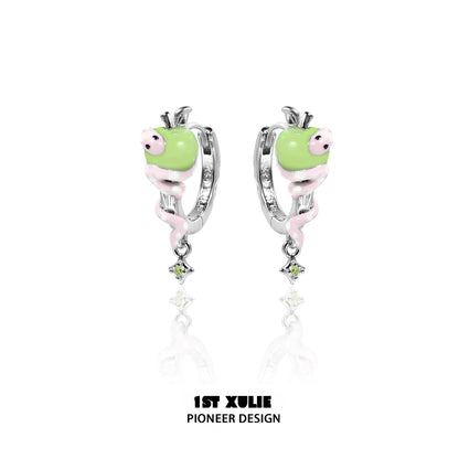 Forbidden apple snake ear clip with shiny silver accents and colorful enamel design