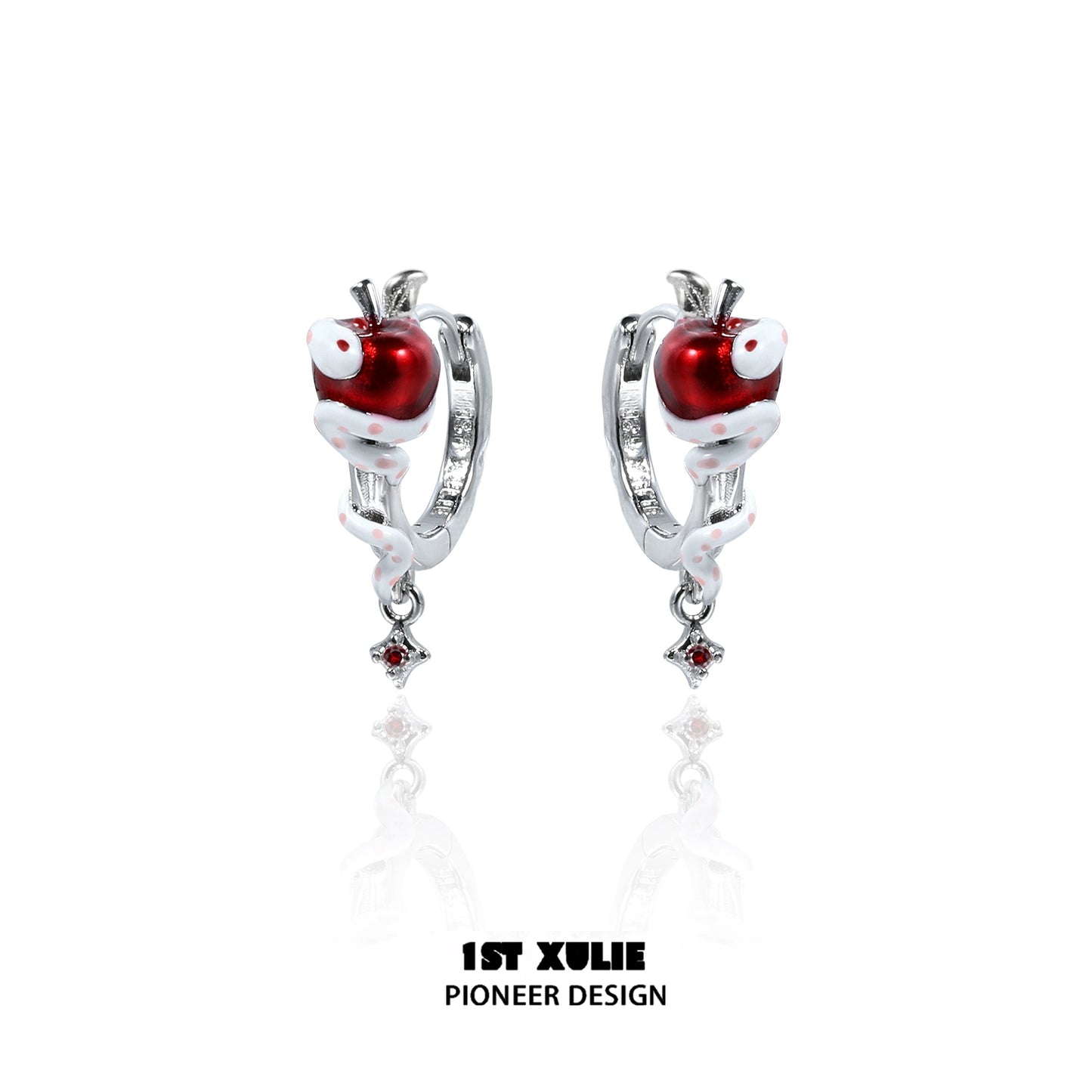 1STXULIE Forbidden Apple Snake Ear Clip with Red Enamel and Silver Detailing for Unique Style
