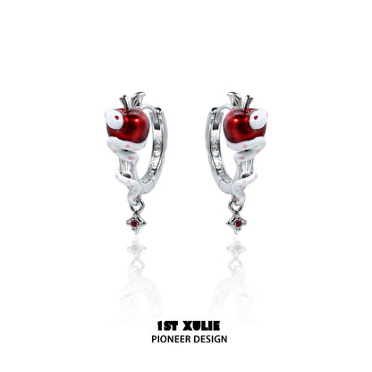 1STXULIE Forbidden Apple Snake Ear Clip with Red Enamel and Silver Detailing for Unique Style