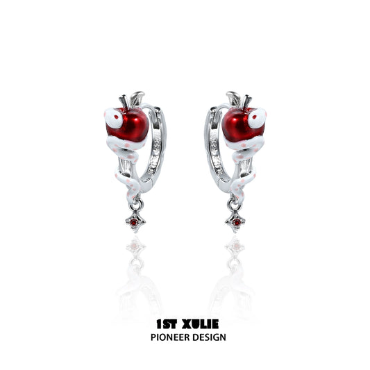 1STXULIE Forbidden Apple Snake Ear Clip with Red Enamel and Silver Detailing for Unique Style