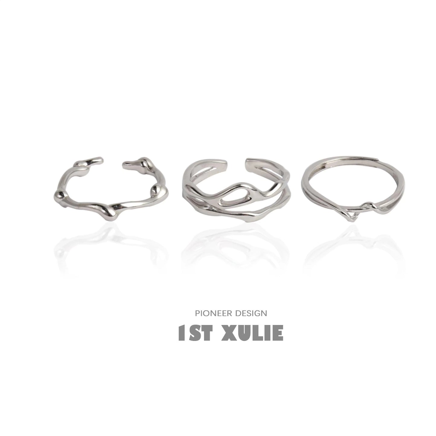 Set of three minimalist silver line art rings from 1STXULIE for stylish accessory lovers