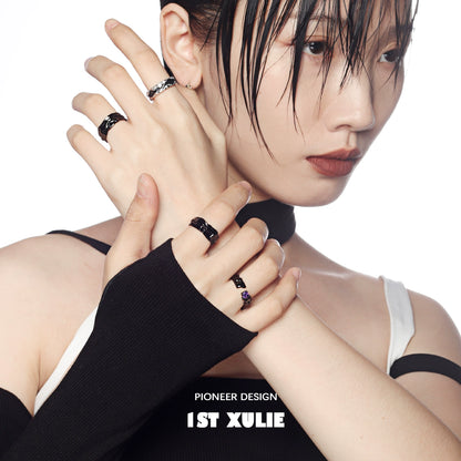 Y2K gothic couple rings worn by model highlighting bold design and modern style for couples