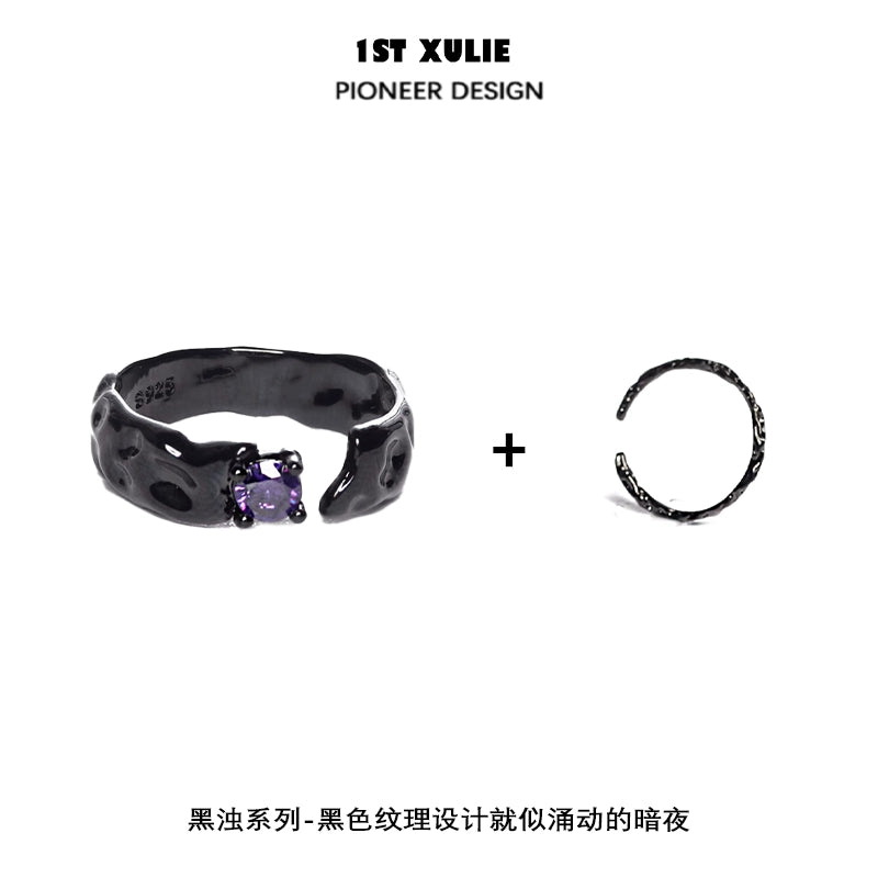 1ST XULIE Y2K gothic couple rings in black with stone accents for a stylish pairing