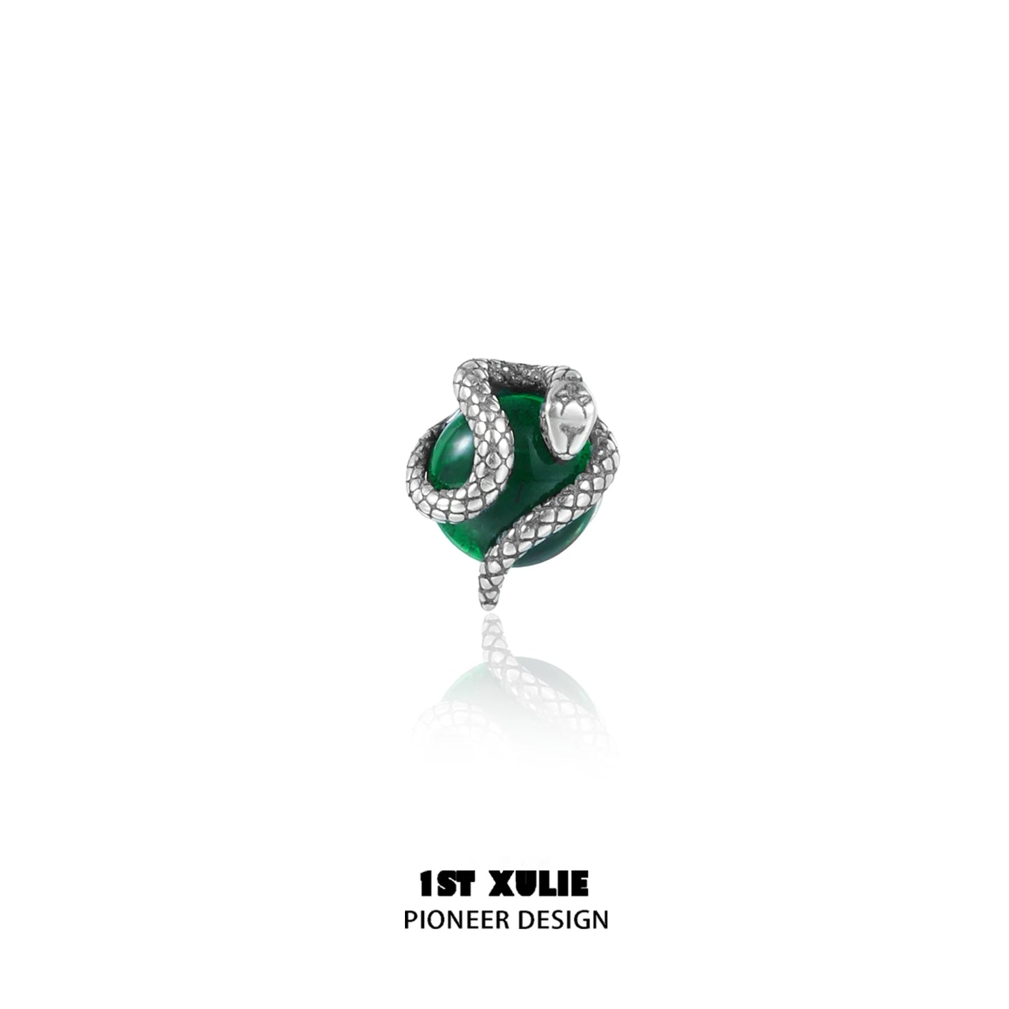 Y2K snake earrings featuring a sleek silver design with a green stone centerpiece