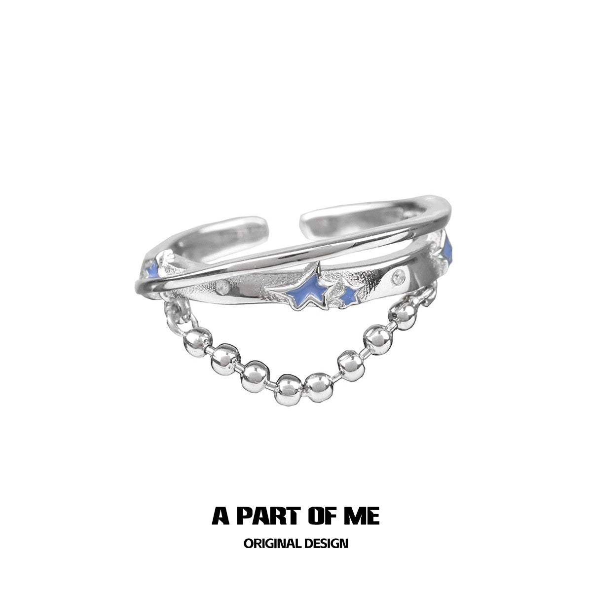 A PART OF ME planet chain ring featuring a sleek design with stars and shiny beads