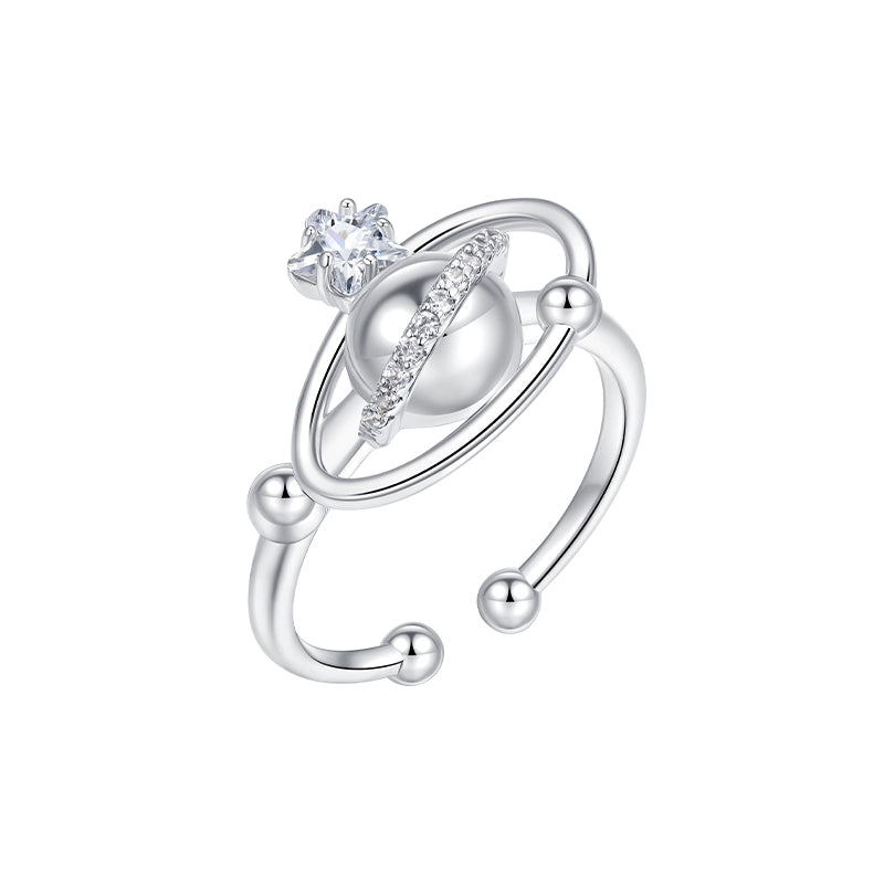 SUN HUNTER planet garden ring featuring a celestial design with sparkling gem and silver finish