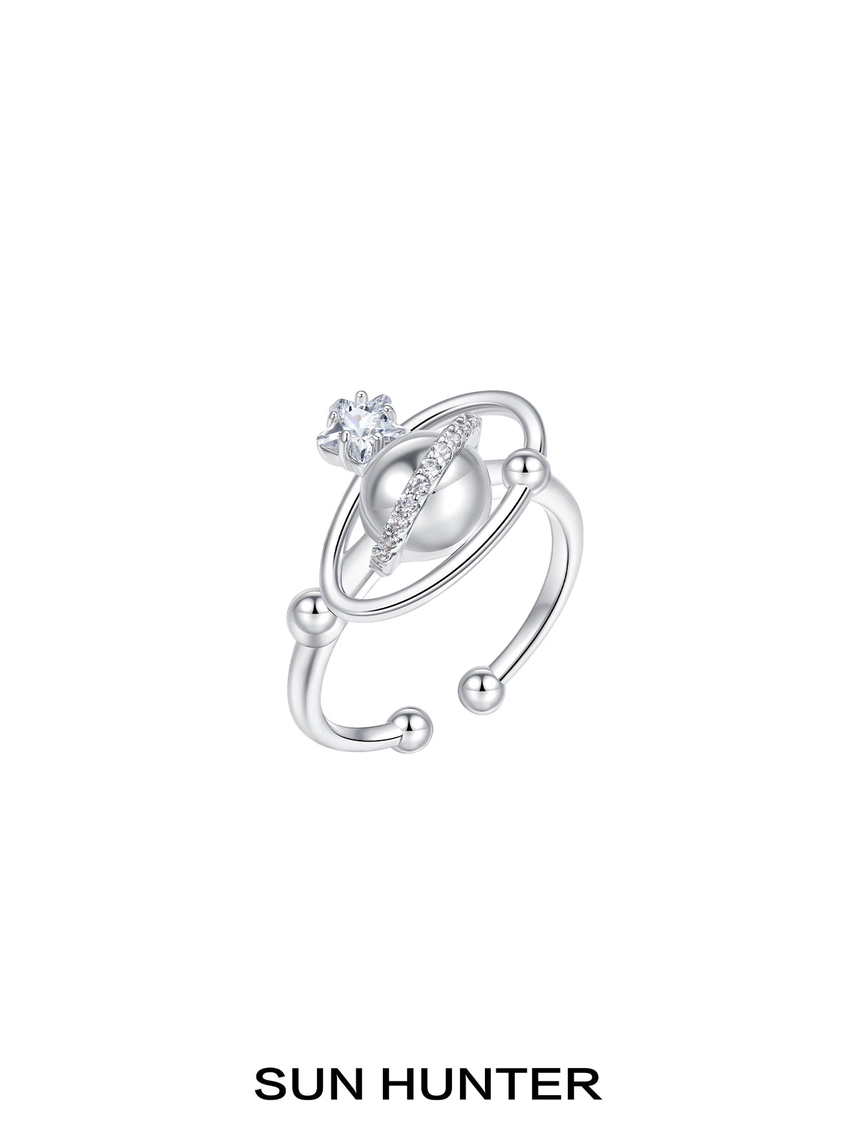 SUN HUNTER planet garden ring with sparkling gemstone and planetary design in silver tone