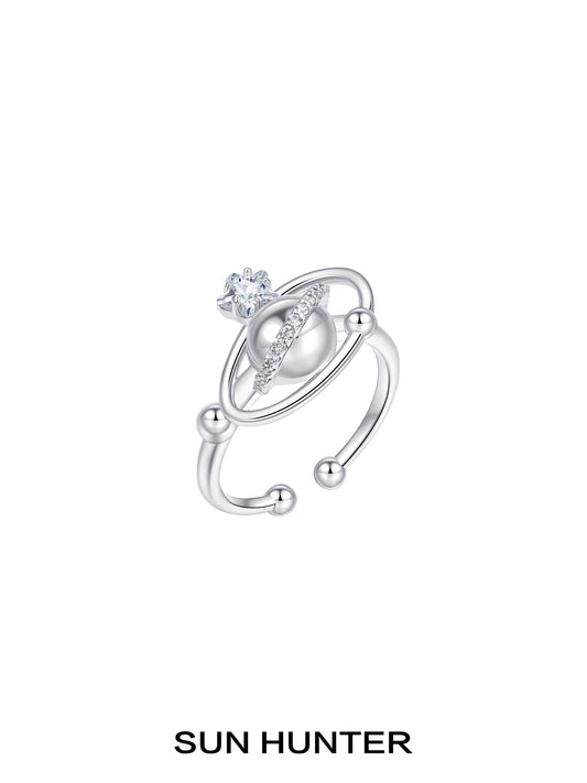 SUN HUNTER planet garden ring with sparkling gemstone and planetary design in silver tone