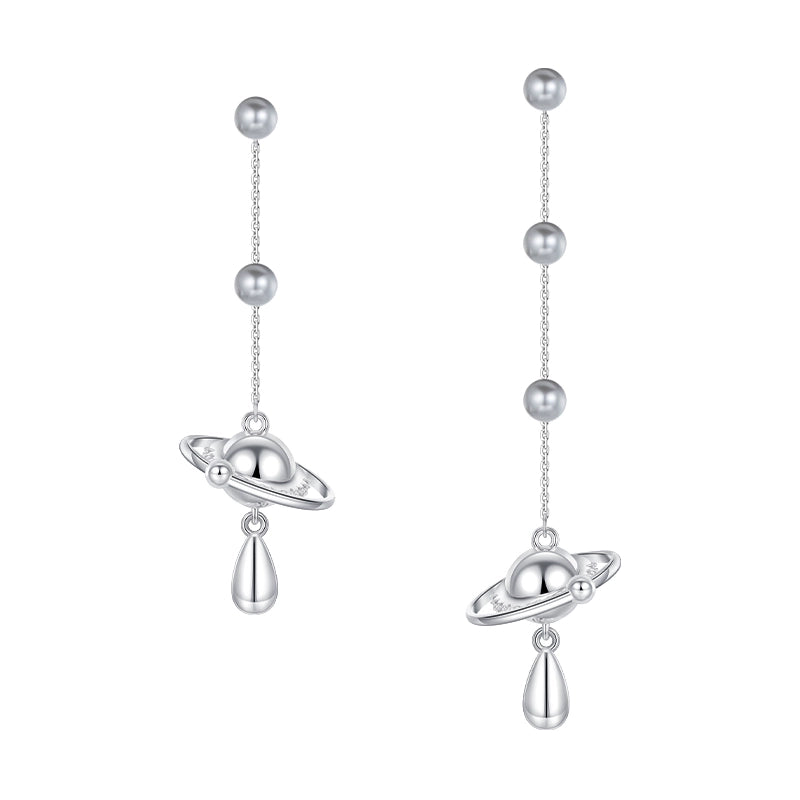 Stylish SUN HUNTER planet pearl drop earrings with silver planet design and elegant drop pearl detail