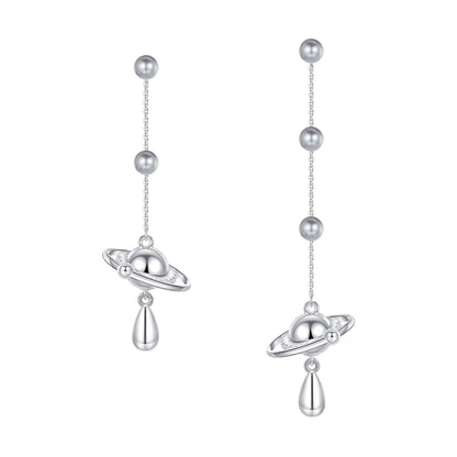 Stylish SUN HUNTER planet pearl drop earrings with silver planet design and elegant drop pearl detail
