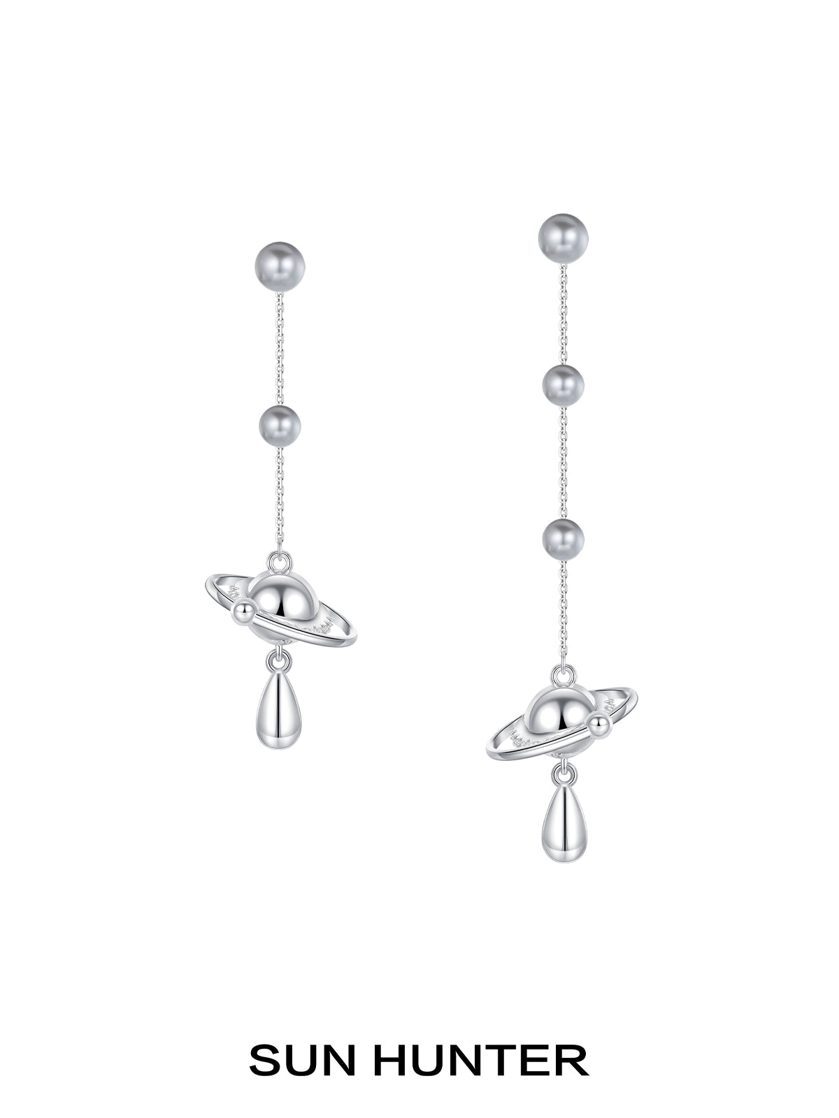 SUN HUNTER Planet Pearl Drop Earrings with Saturn Design and Elegant Silver Finish