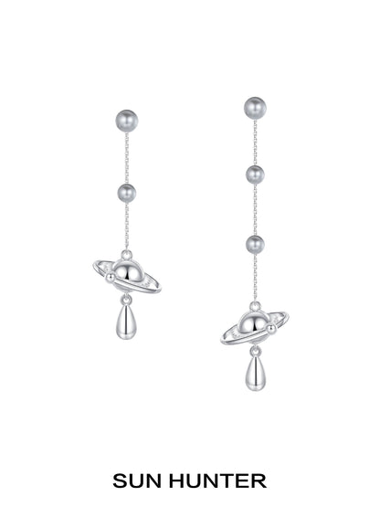 SUN HUNTER Planet Pearl Drop Earrings with Saturn Design and Elegant Silver Finish