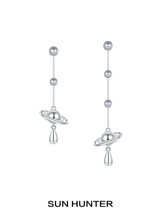 SUN HUNTER Planet Pearl Drop Earrings with Saturn Design and Elegant Silver Finish