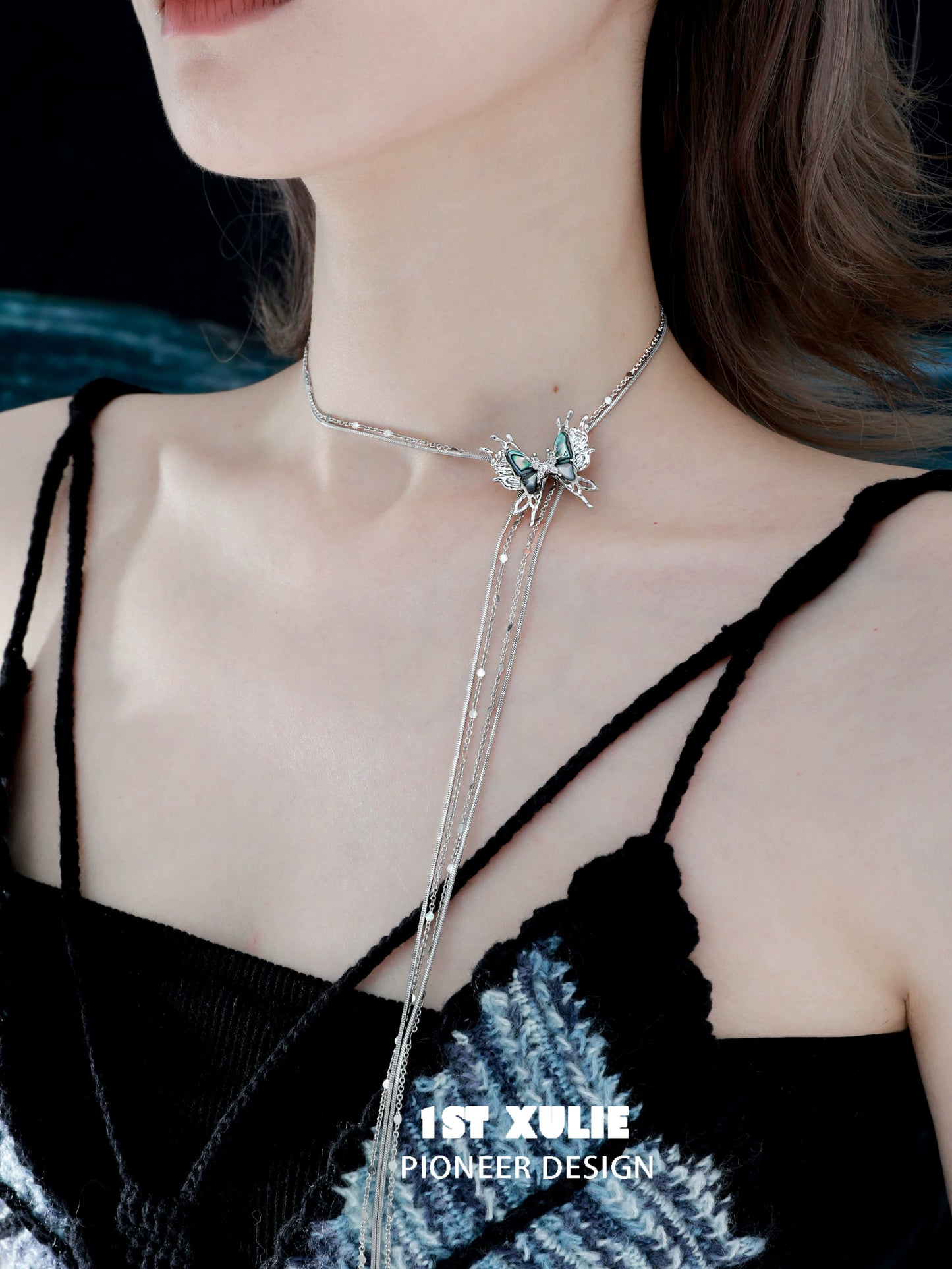 Punk butterfly necklace with silver chains and intricate butterfly pendant design