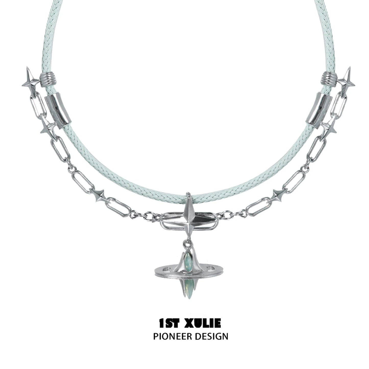 Stylish 1STXULIE punk dreamcore necklace featuring unique star and chain designs.
