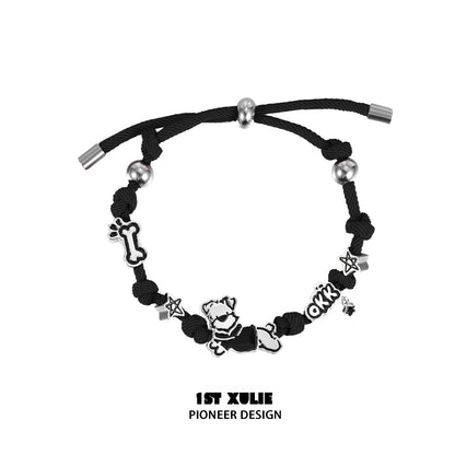 Black puppy couple braided bracelet with cute charms and adjustable closure from 1STXULIE