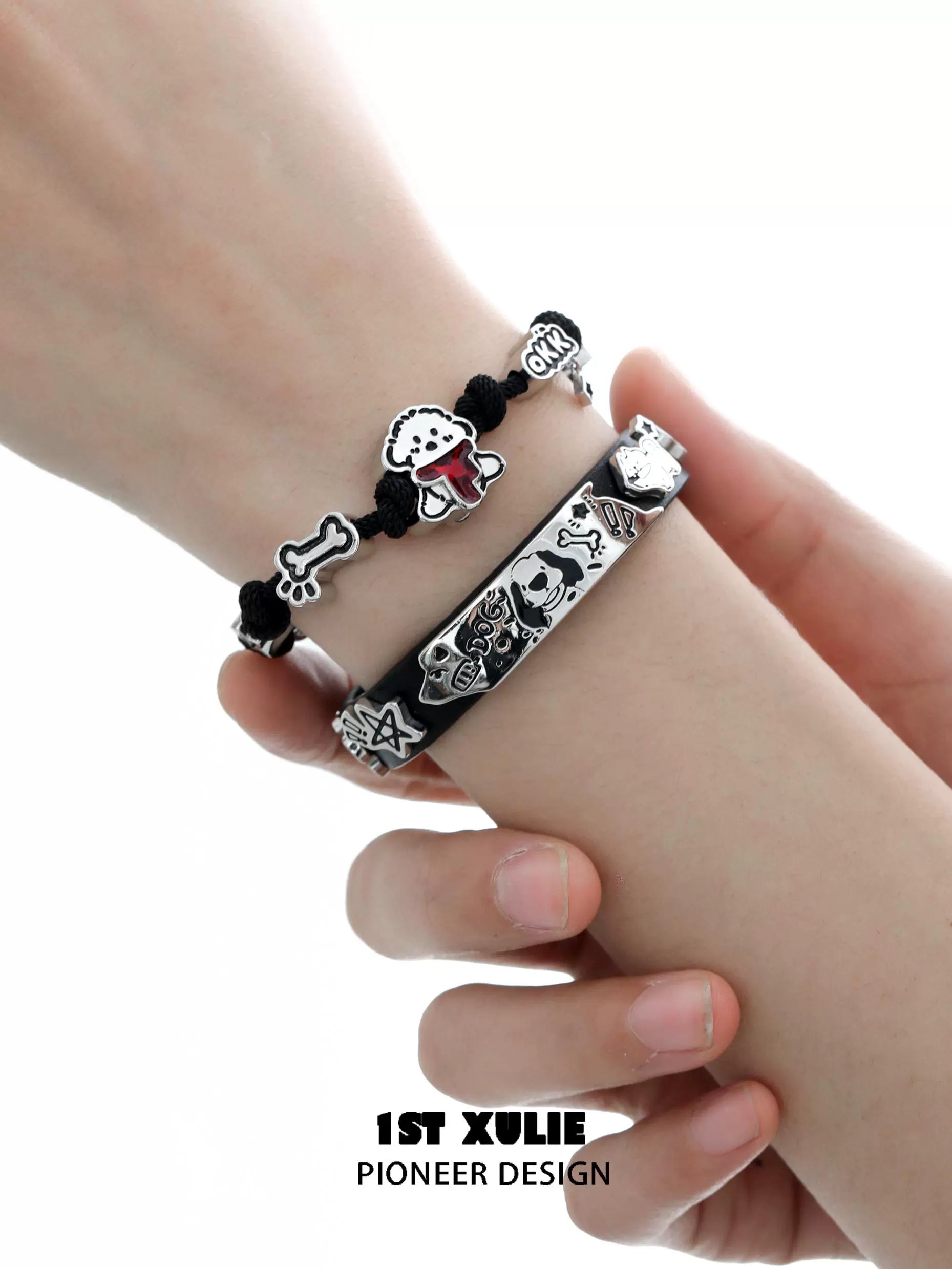 1STXULIE puppy couple braided bracelet with charms and skull designs for pet lovers