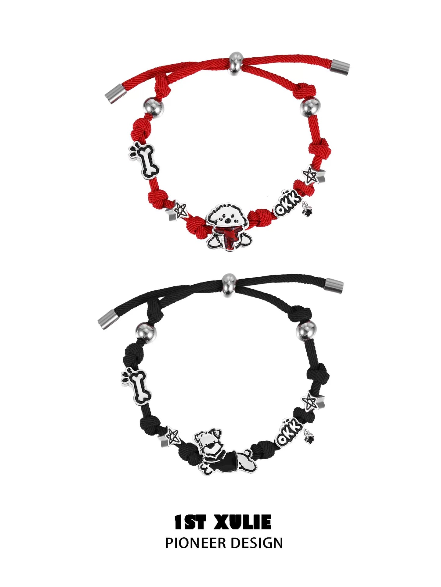 1STXULIE puppy couple braided bracelet featuring red and black cords with dog charms