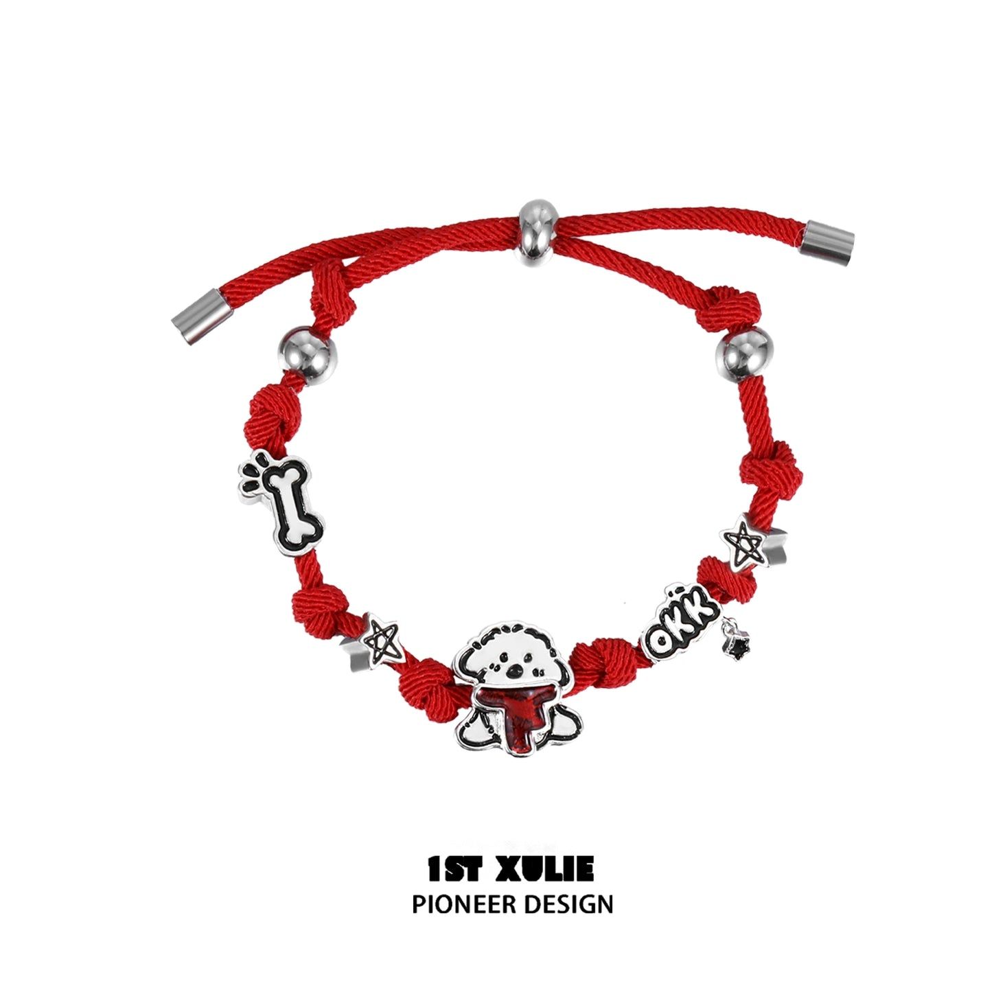 Puppy couple braided bracelet in red with dog charm and decorative elements for pet lovers