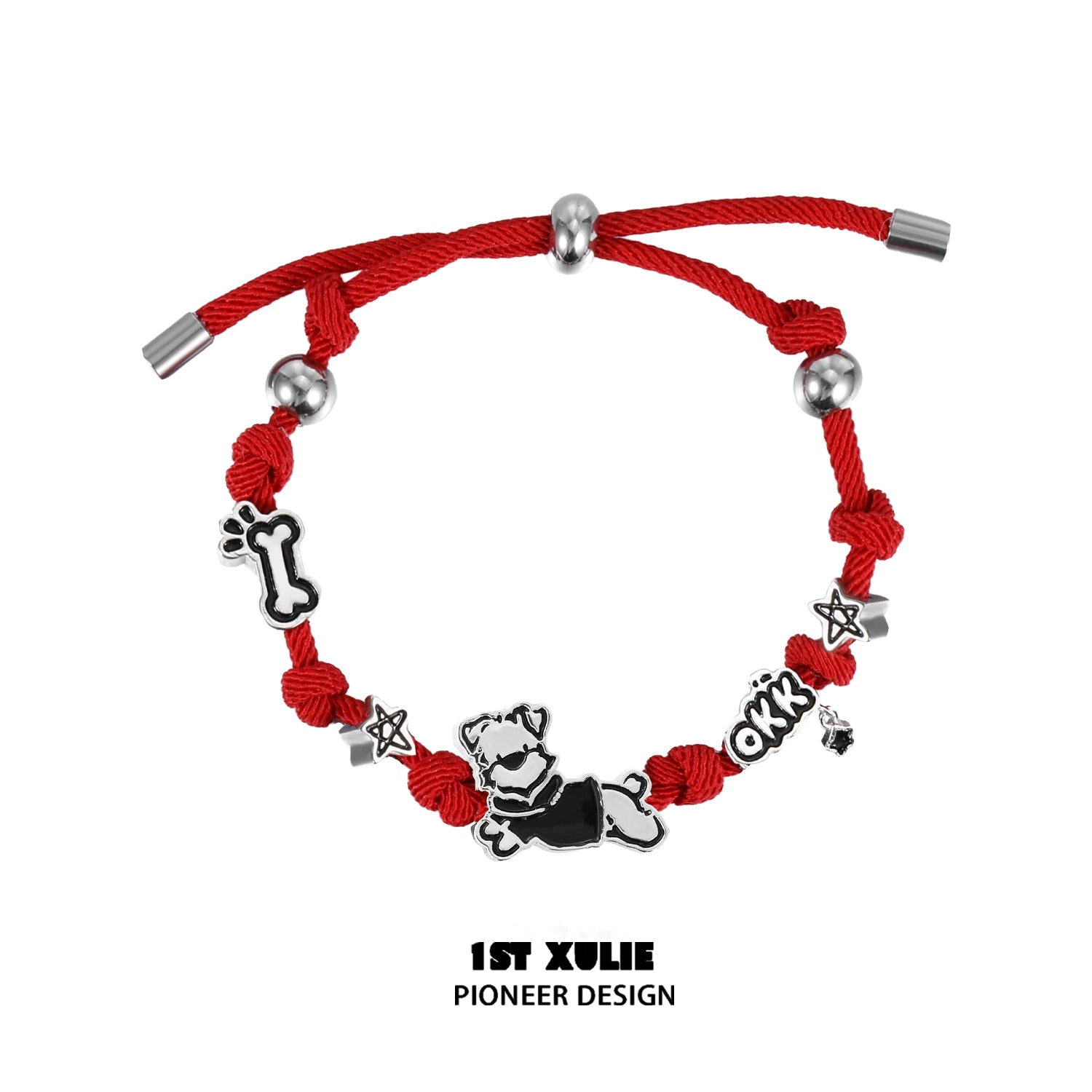 Puppy couple braided bracelet in red with dog charms and metal accents for pet lovers