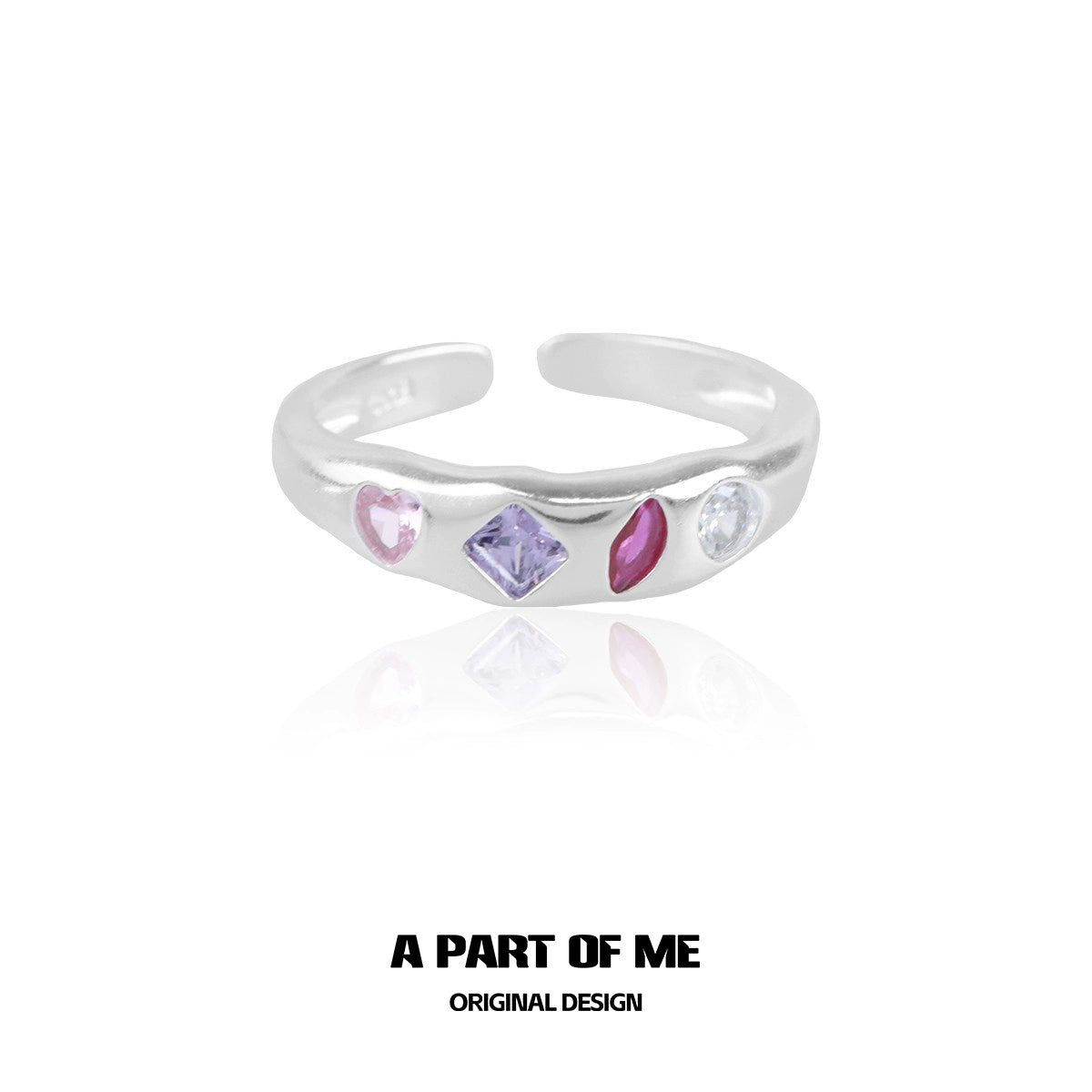A Part of Me rainbow zircon love ring featuring colorful gemstones on a sleek silver band