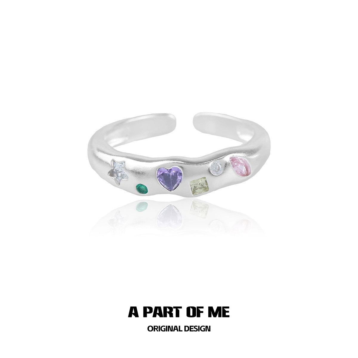 A Part of Me rainbow zircon love ring featuring colorful heart-shaped and round gemstones