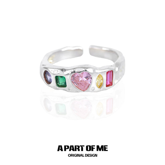 Silver rainbow zircon love ring featuring colorful heart and gemstone accents for a unique style