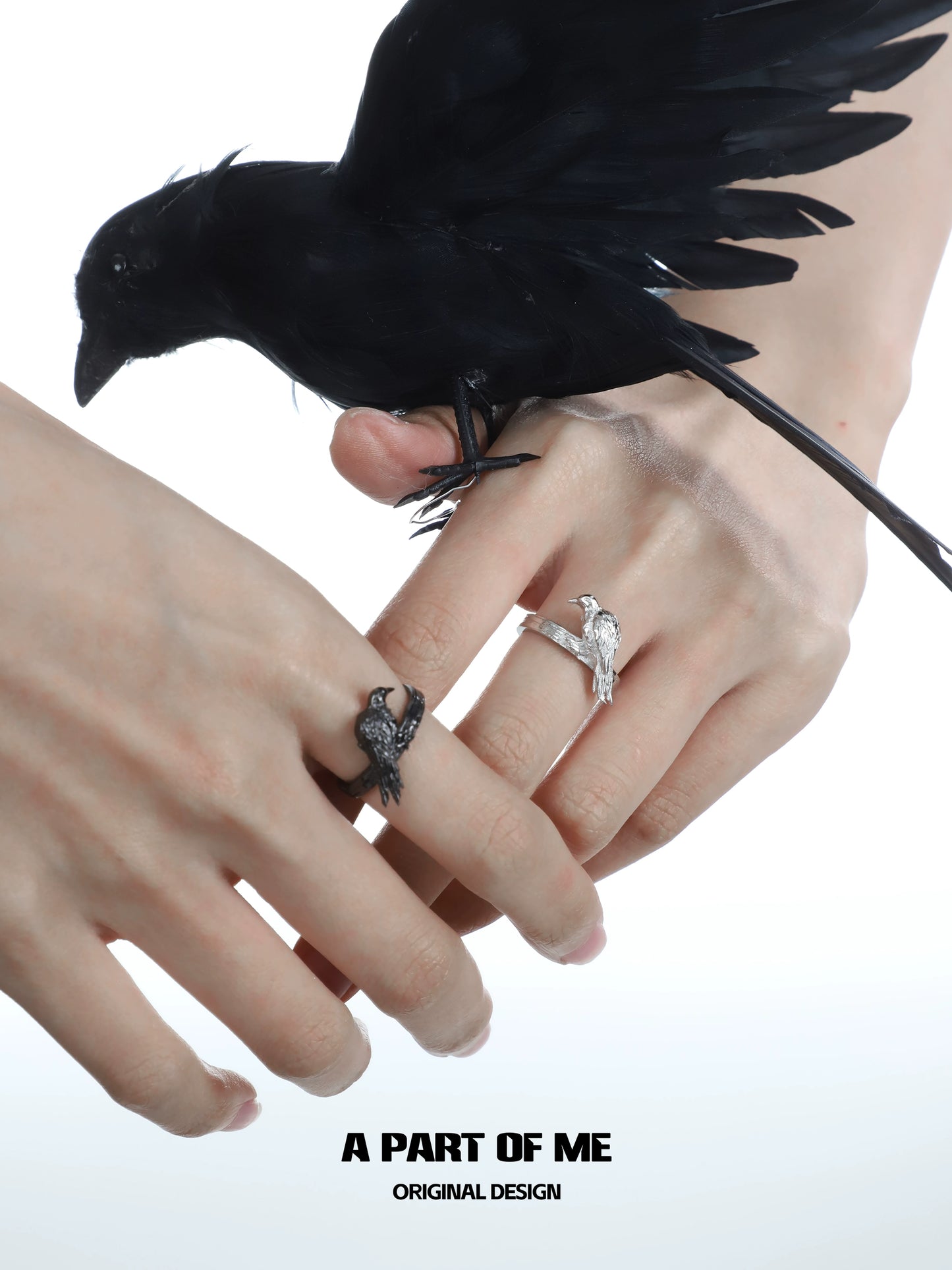 A Part of Me raven gothic ring showcased on fingers with a black raven perched nearby