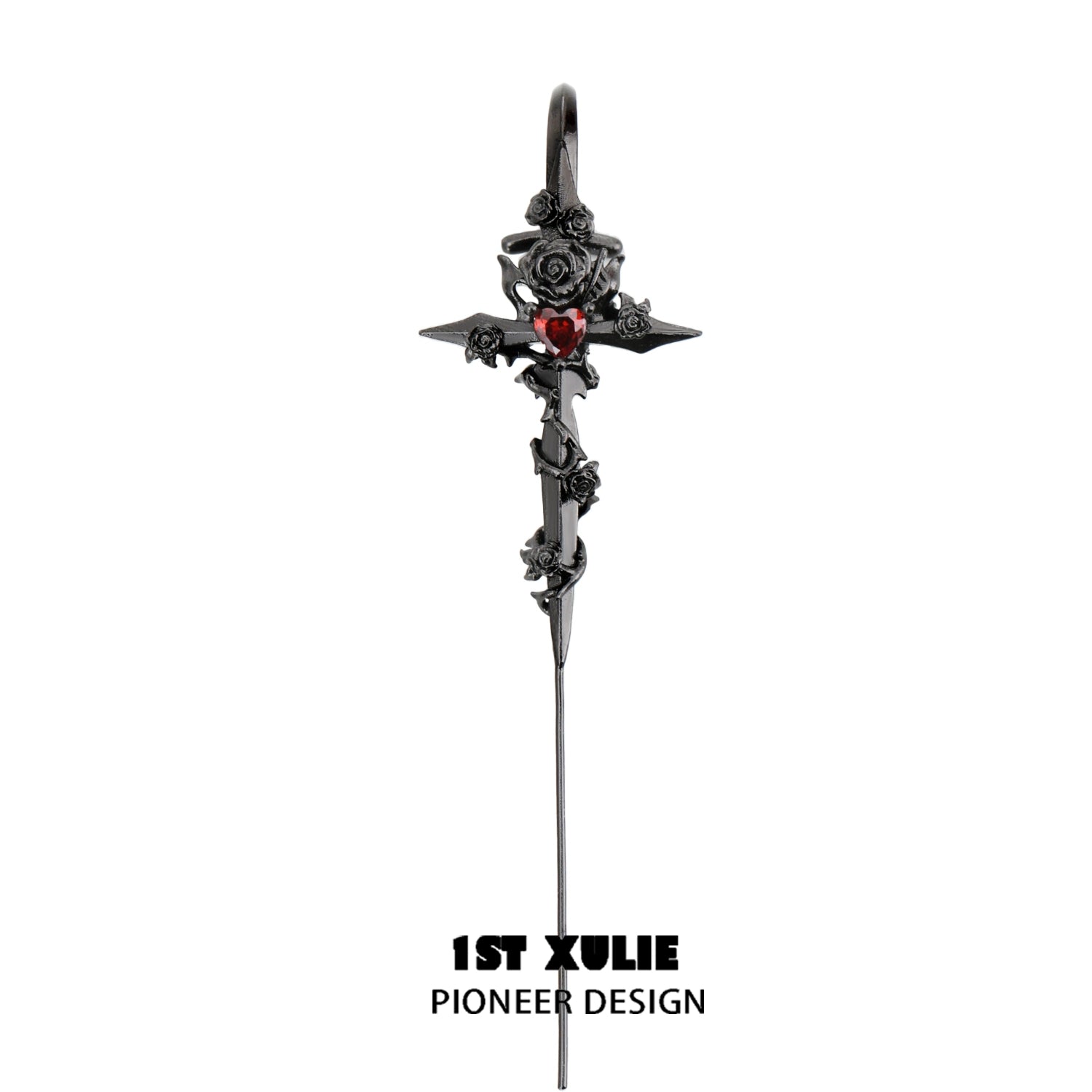 Rebel rose ear piercing needle with gothic design featuring roses and a red gemstone