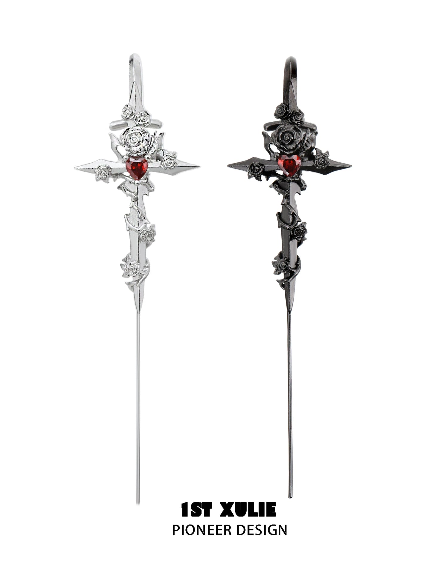 Rebel rose ear piercing needle in silver and black designs featuring a gothic rose and cross details