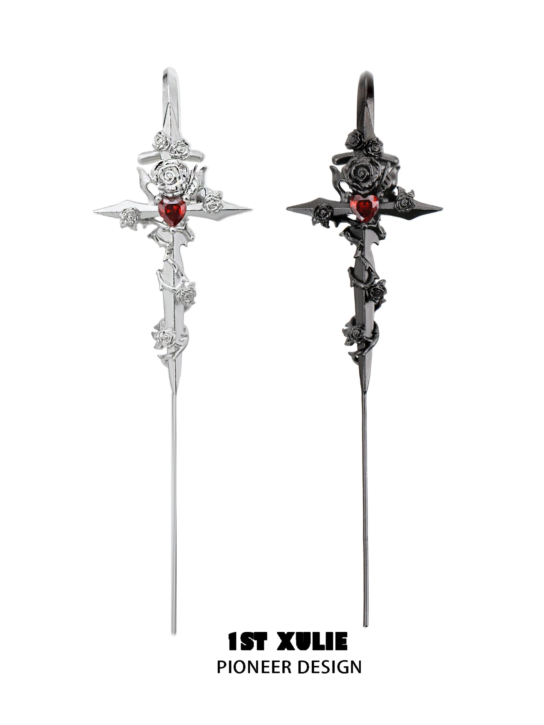 Rebel rose ear piercing needle in silver and black designs featuring a gothic rose and cross details
