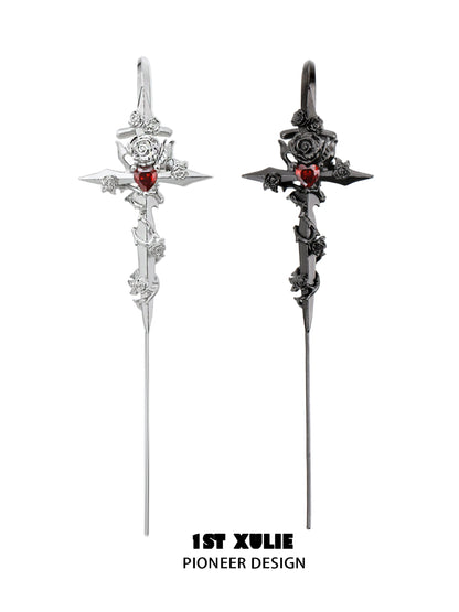 Rebel rose ear piercing needle in silver and black designs featuring a gothic rose and cross details