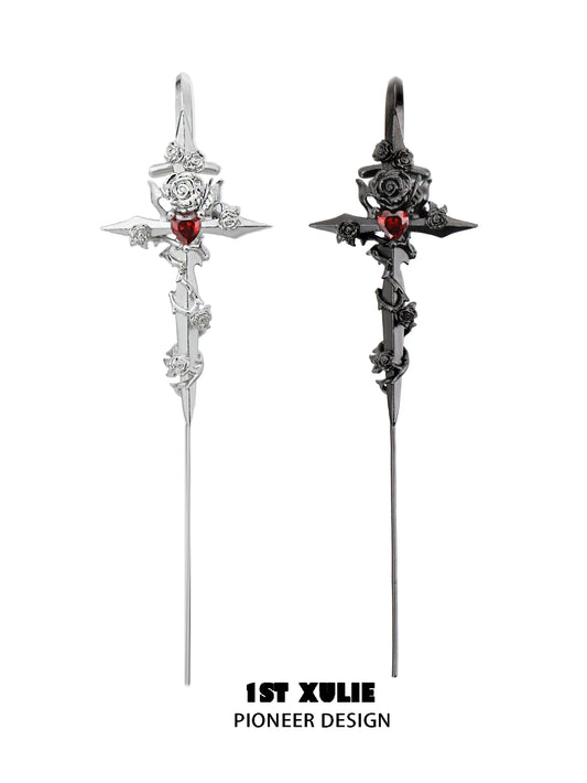 Rebel rose ear piercing needle in silver and black designs featuring a gothic rose and cross details