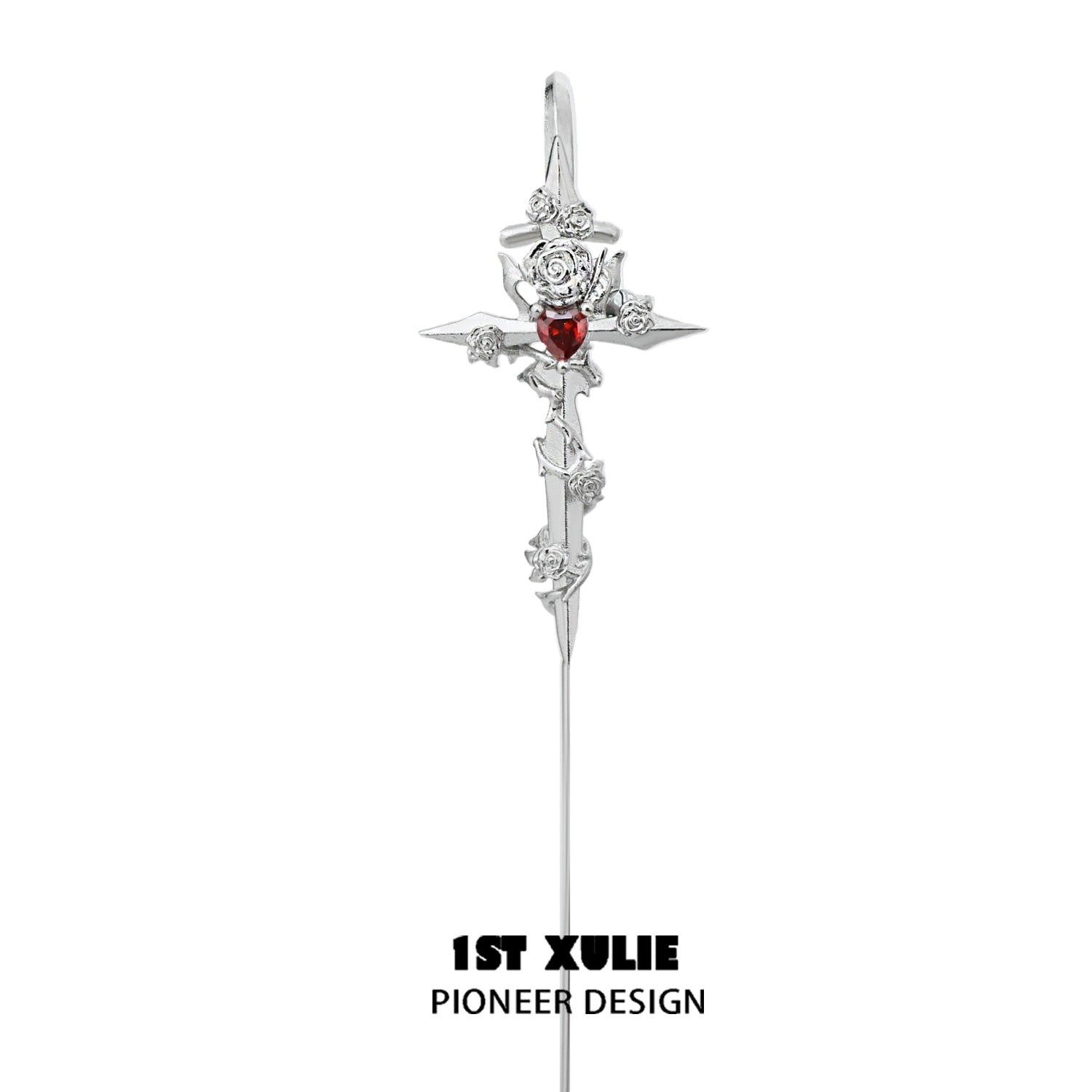 Rebel rose ear piercing needle by 1STXULIE featuring intricate rose design with a red gemstone