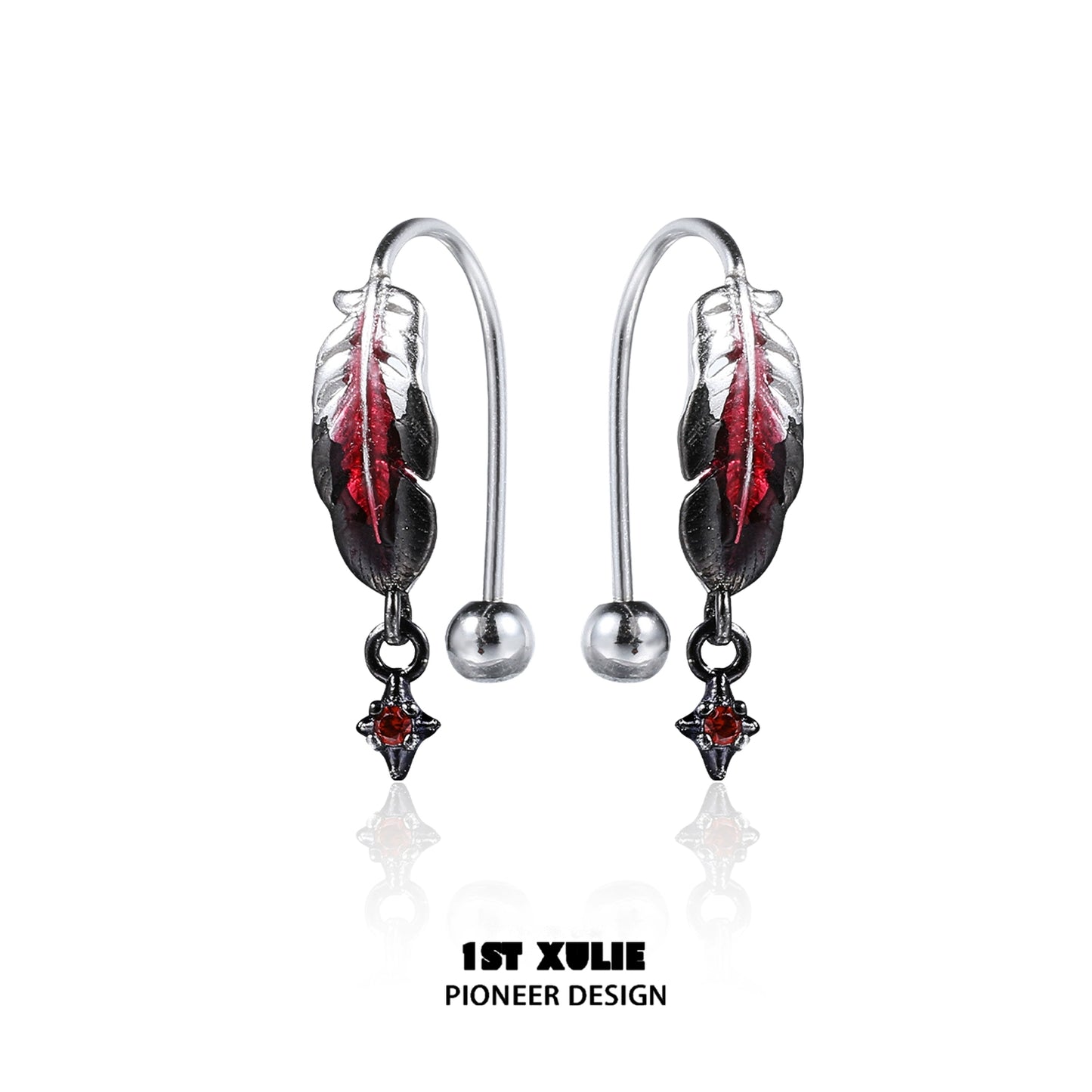 Stylish red feather earrings with metal accents for a trendy look by 1STXULIE