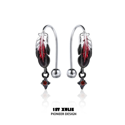 Stylish red feather earrings with metal accents for a trendy look by 1STXULIE