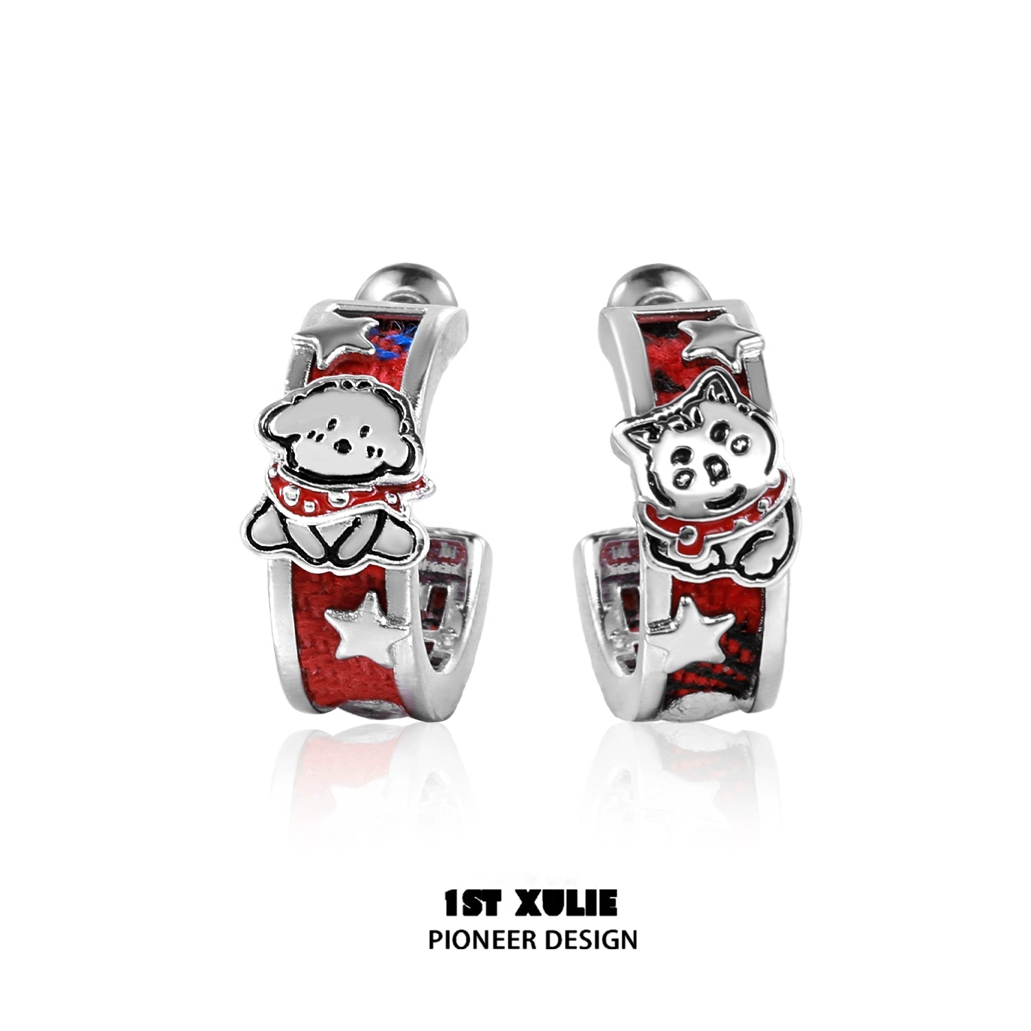 Cute red puppy earrings with silver details and charming puppy designs for animal lovers