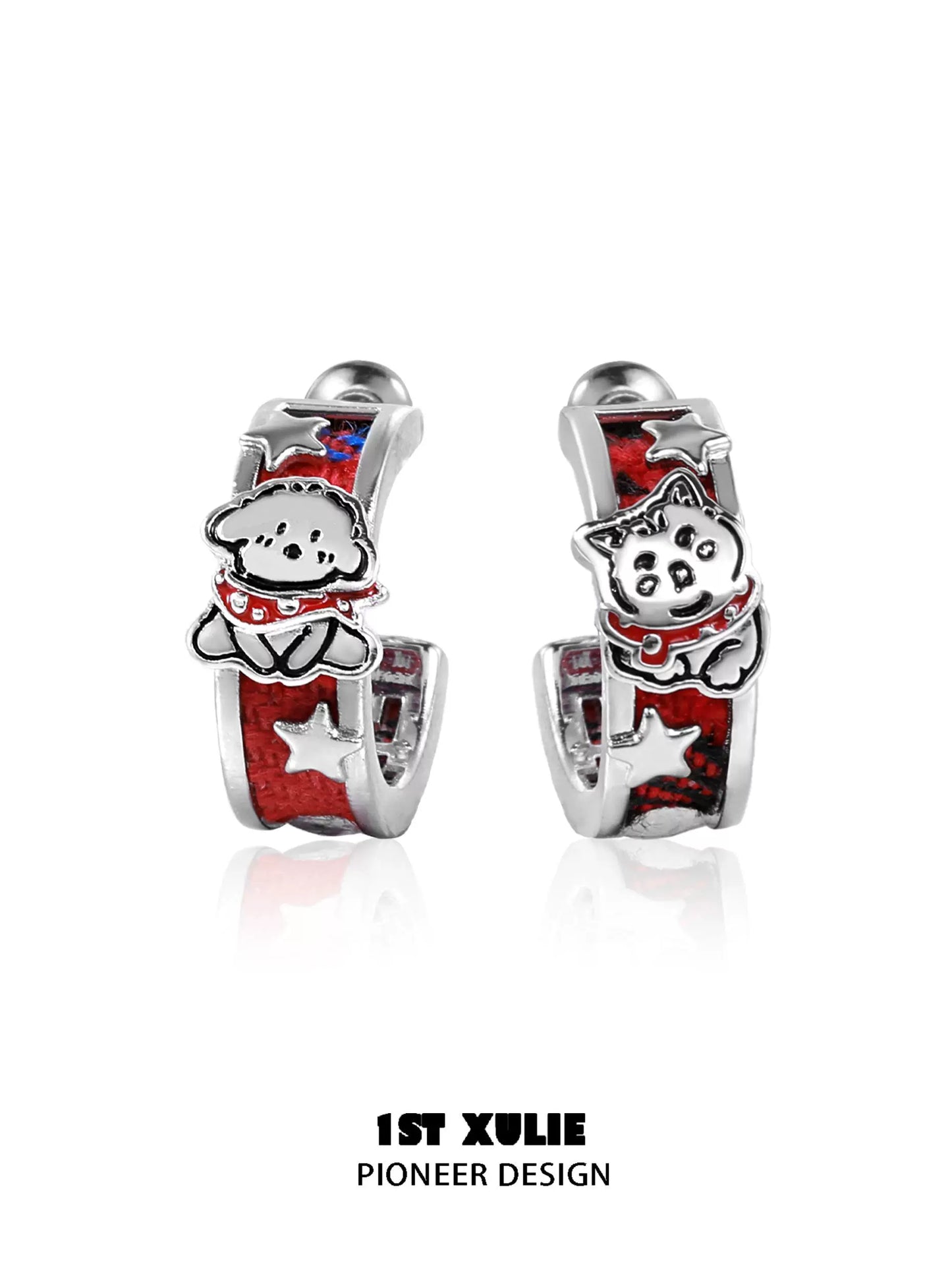 Cute silver red puppy earrings with star design for dog lovers by 1STXULIE