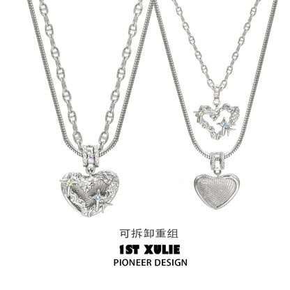 1STXULIE removable clavicle chain necklace featuring heart and star charms for a stylish look