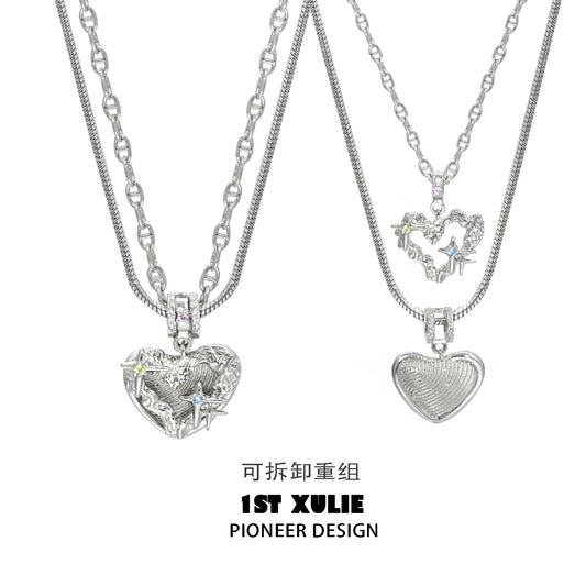 1STXULIE removable clavicle chain necklace featuring heart and star charms for a stylish look