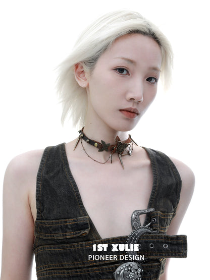 Model wearing a retro butterfly choker showcasing unique design and craftsmanship from 1STXULIE