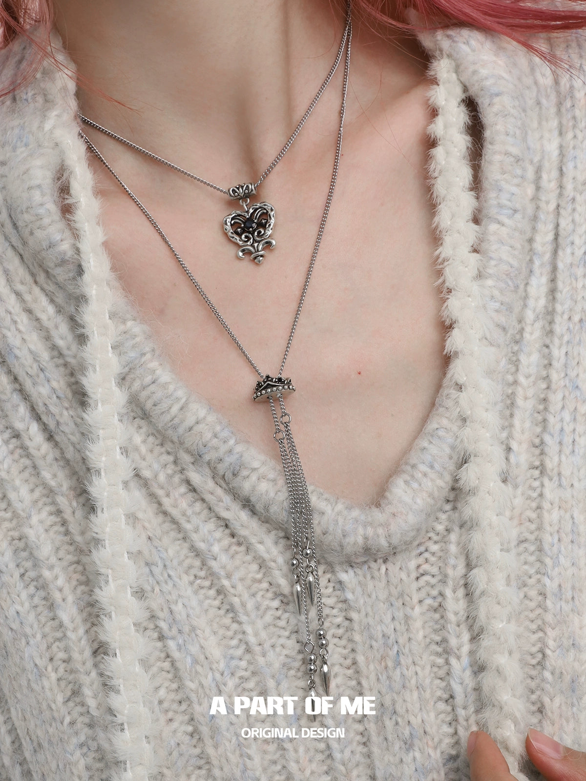 Stylish retro double-layer love necklace from A PART OF ME with heart pendant and tassel detail