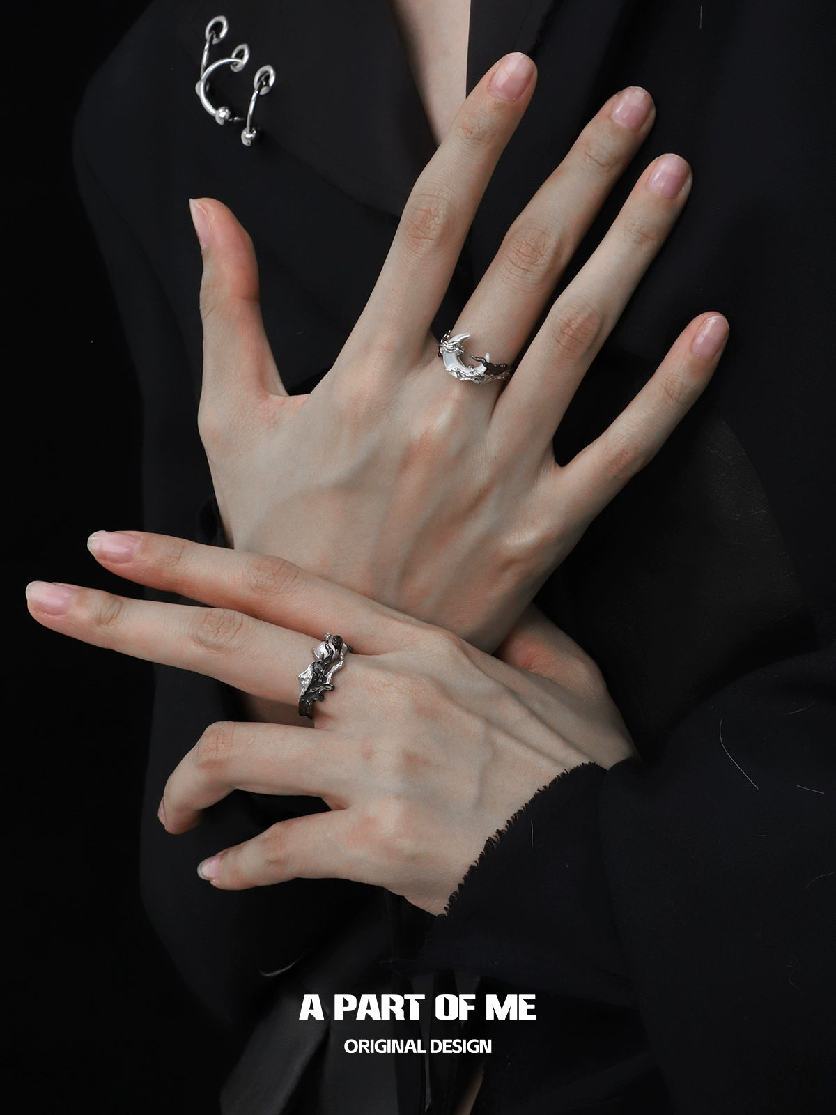 Elegant A PART OF ME sunrise moonset couple rings displayed on hands with intricate designs