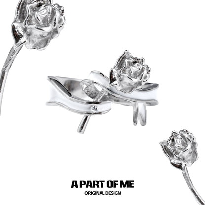 A PART OF ME rose bow silver ring featuring a detailed rose design and sleek finish