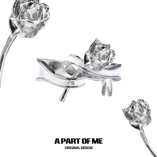 A PART OF ME rose bow silver ring featuring a detailed rose design and sleek finish