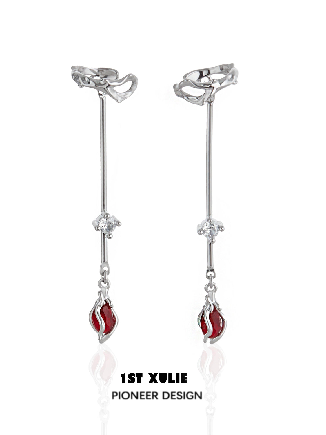 Sterling silver rose ear hangers with red detail and sparkling crystals for a stylish look