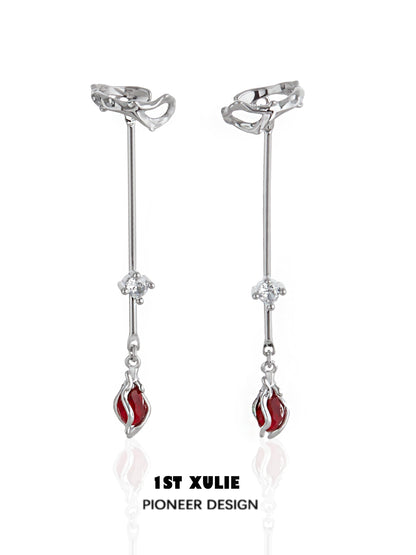 Sterling silver rose ear hangers with red detail and sparkling crystals for a stylish look