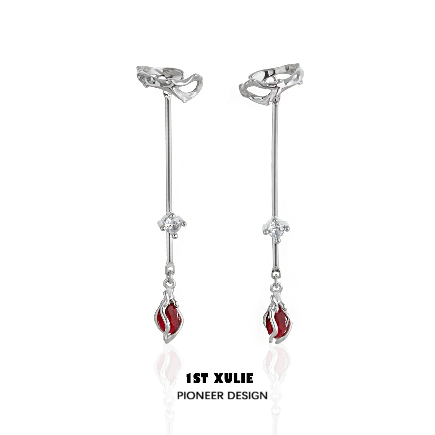 Elegant 1STXULIE rose ear hangers featuring a sleek design with red accents and sparkling crystals