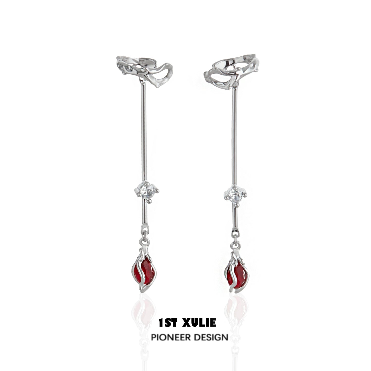 Elegant 1STXULIE rose ear hangers featuring a sleek design with red accents and sparkling crystals