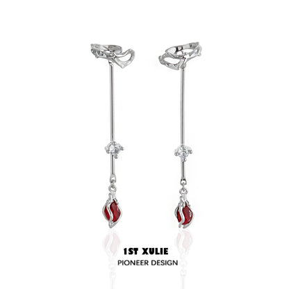 Elegant 1STXULIE rose ear hangers featuring a sleek design with red accents and sparkling crystals